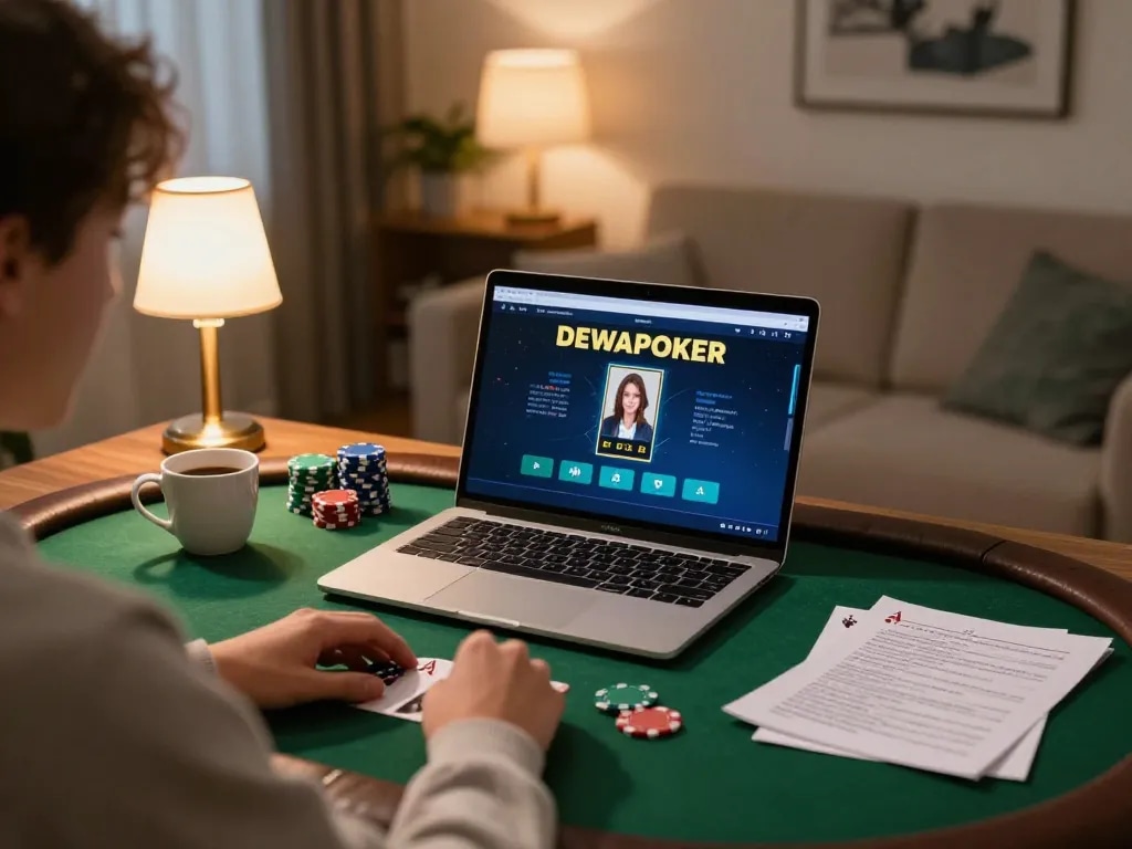 Engaging in online poker at home with DEWAPOKER on laptop showcasing strategy and relaxed gaming.