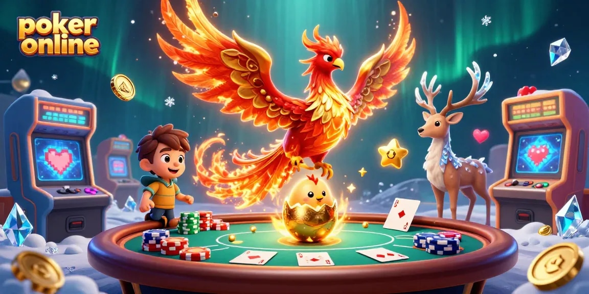 Jouez au poker en ligne avec une illustration captivante de poker, phœnix et magie.