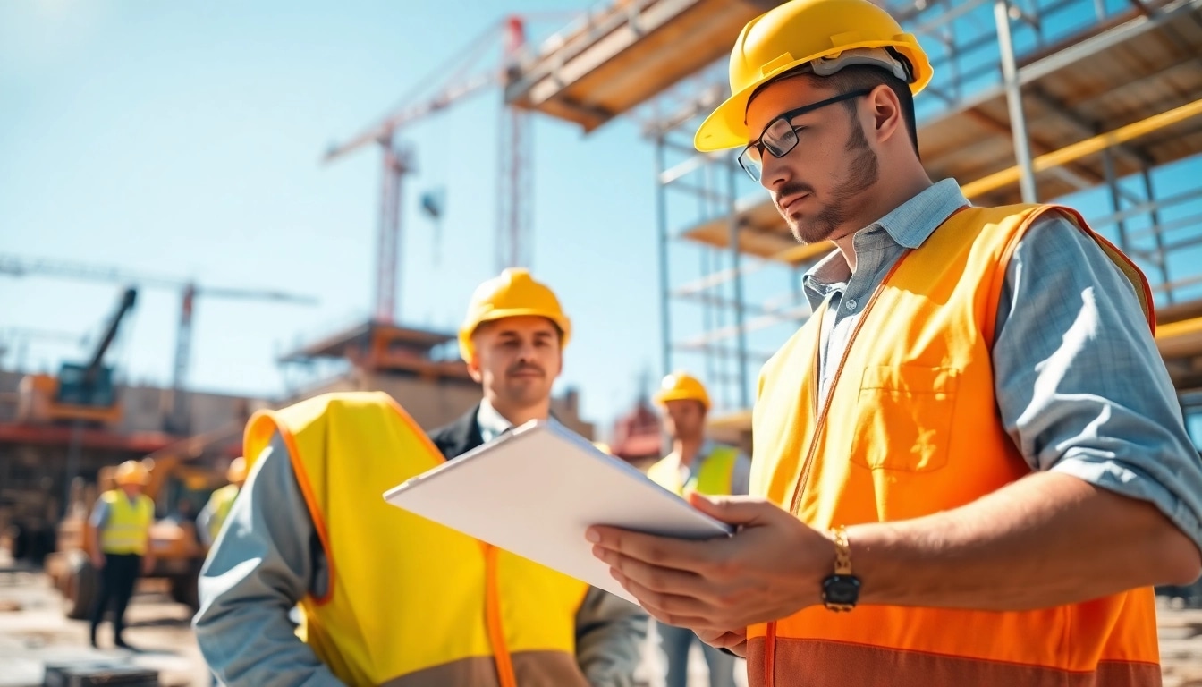 Construction labor compliance activities with workers managing site documentation efficiently.