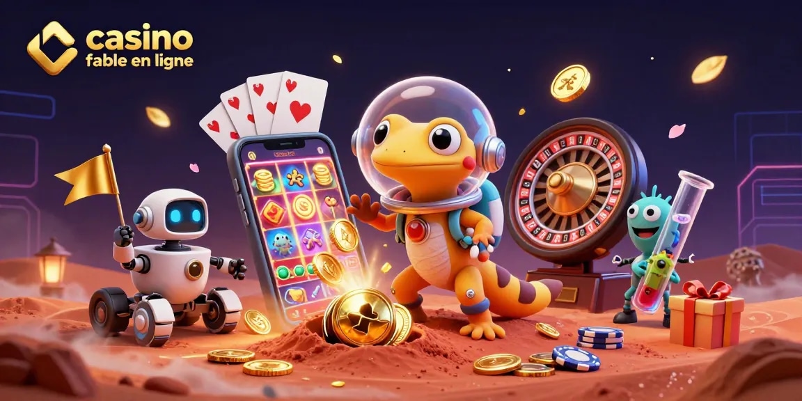 Illustration dynamique d'un casino fiable en ligne avec un gecko martien découvrant un trésor extraterrestre.