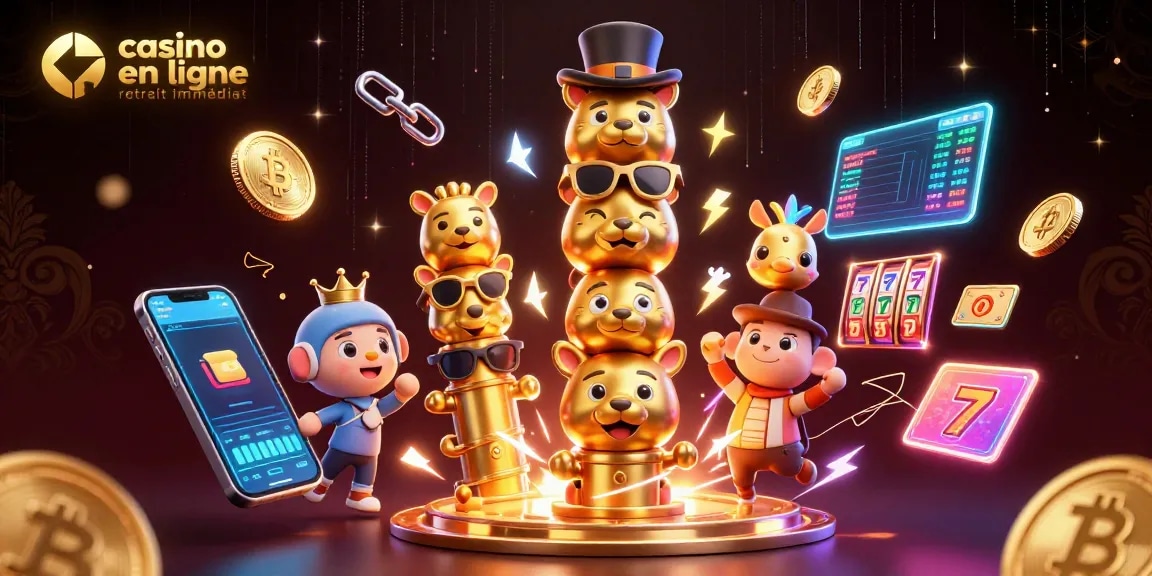 Jouez sur casino en ligne retrait immédiat avec ce totem aux expressions variées, entouré d'éléments de jeu dynamique.
