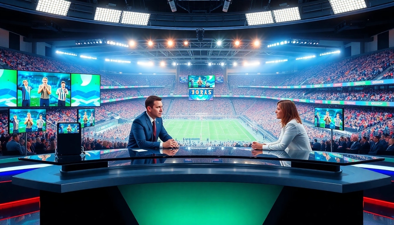 Hosts engaging in dynamic sports broadcasting discussion in a vibrant studio setting.