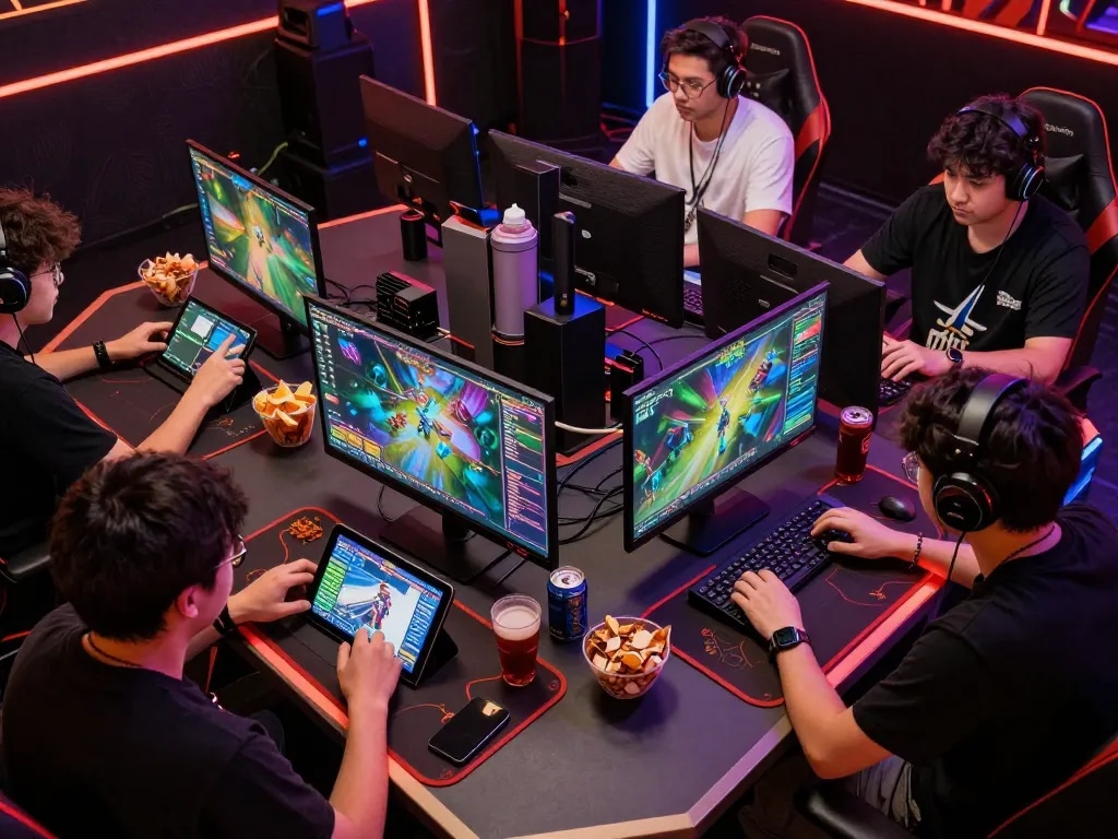 Engaged players vying for victory in an online b52 gaming tournament with vibrant game interfaces