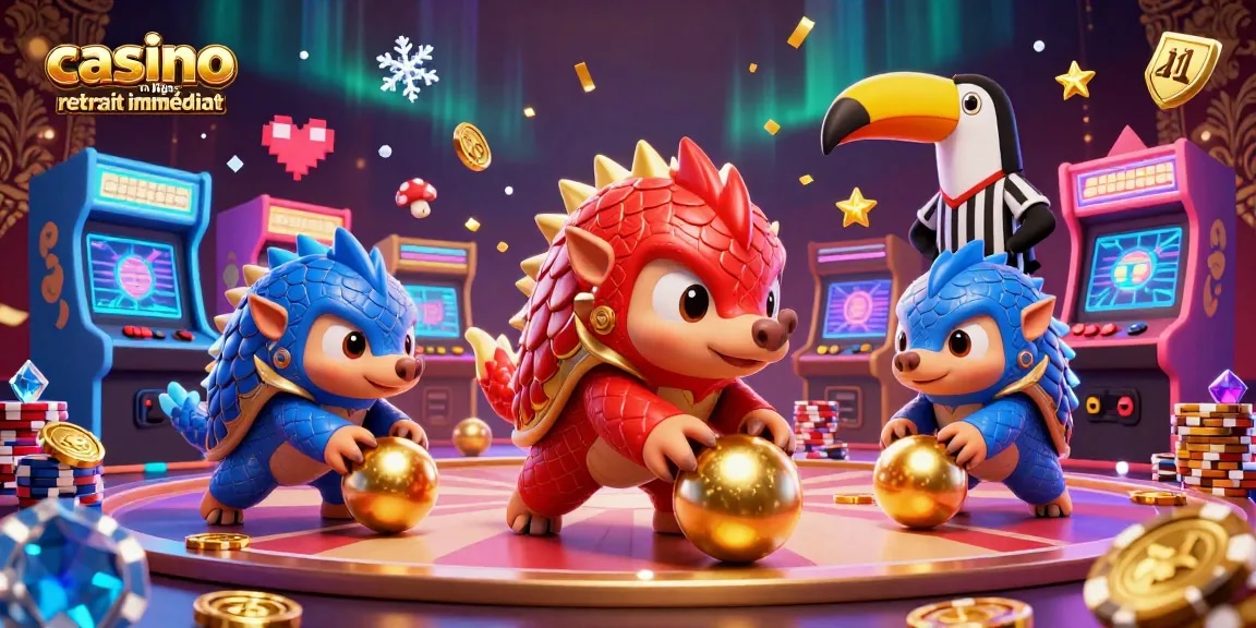 Visualisez l'effervescence du casino en ligne retrait immédiat avec des pangolins rivalisant au milieu de jeux colorés et de jetons de poker.