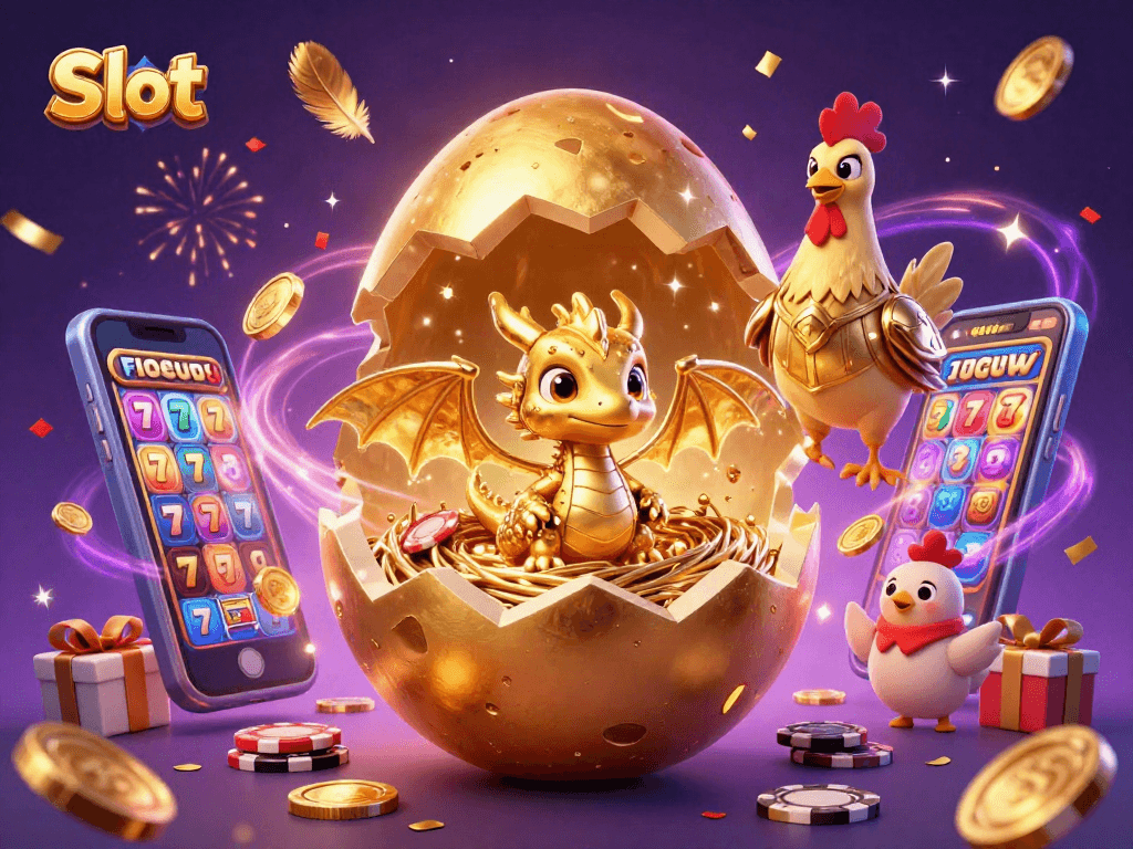 Experience thrilling Slot excitement with a golden dragon amidst poker chips and vibrant casino elements.