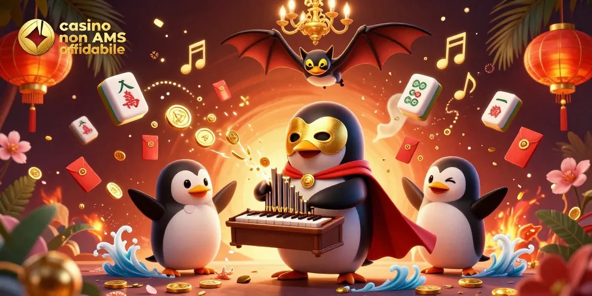 Immagine di un casino non AAMS affidabile con un pinguino che suona un organo che spara monete d'oro.