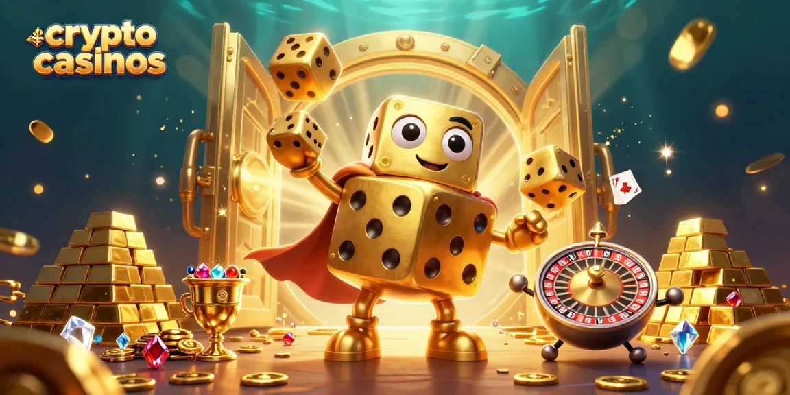 Image illustrant des crypto casinos avec un golem de dés dorés et des joyaux resplendissants.