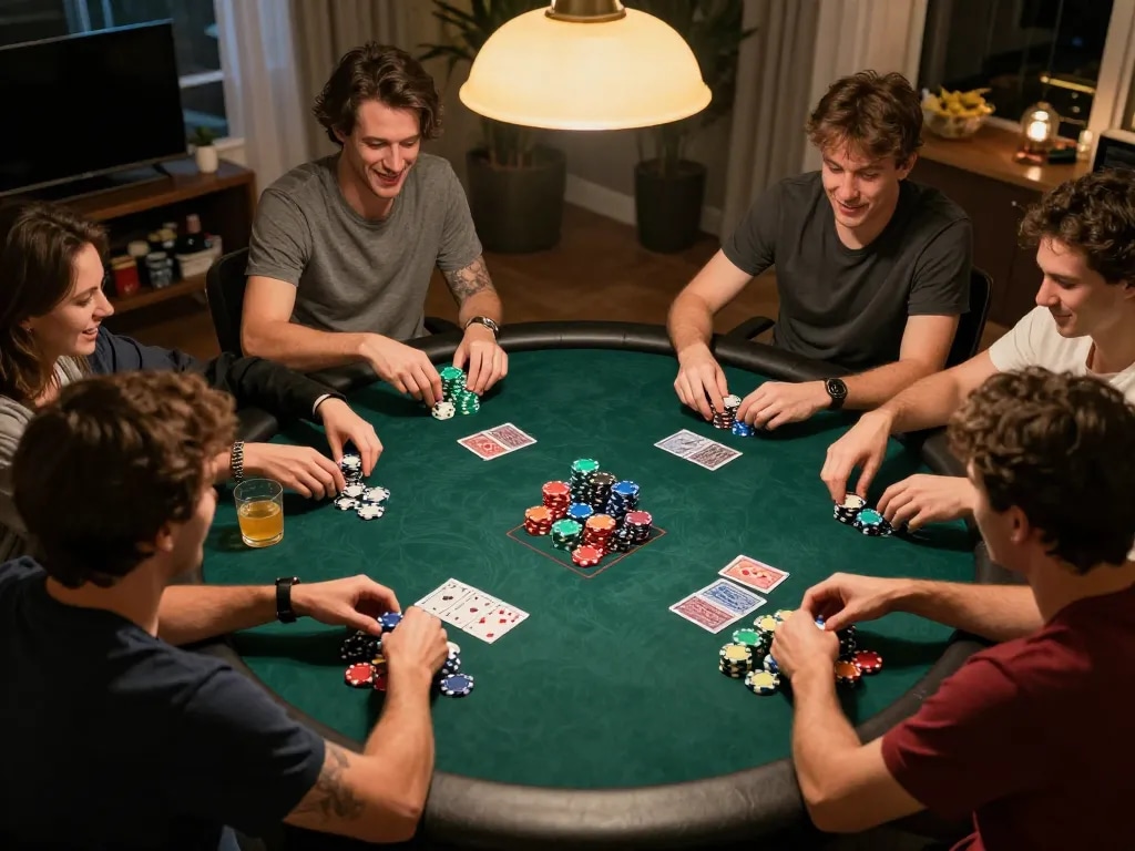 Friends enjoying an engaging game of poker at home showcasing w 88 betting strategies