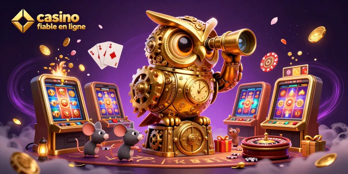 Image d'un casino fiable en ligne mettant en scène un hibou doré sur une porte de coffre, entouré de jeux et de pièces d'or.
