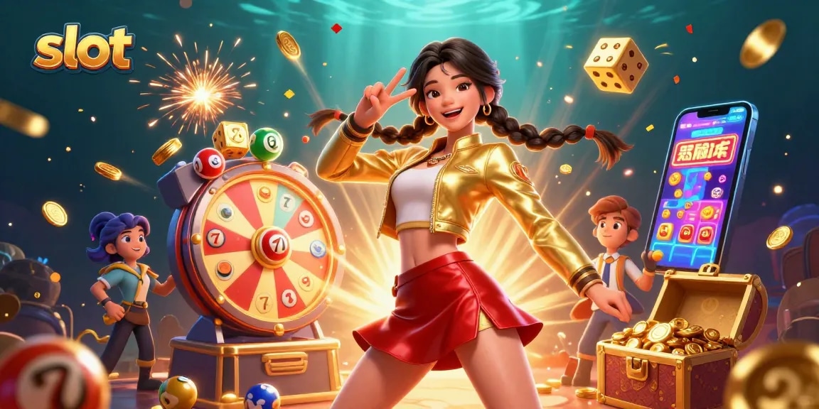 Spin the reels of exciting slot games with a vibrant Asian woman celebrating big wins.