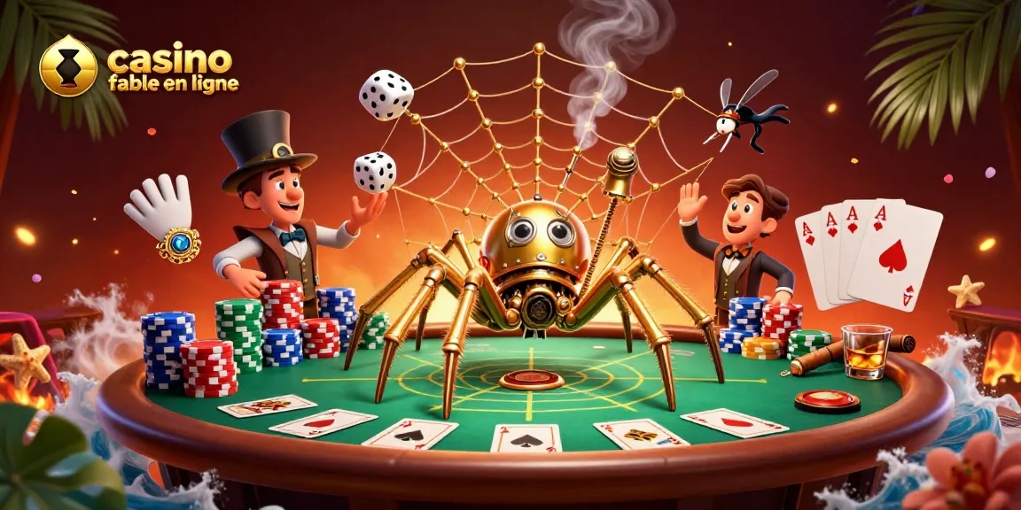 Visualisez un "casino fiable en ligne" avec une araignée steampunk dorée et une ambiance de poker intrigante.