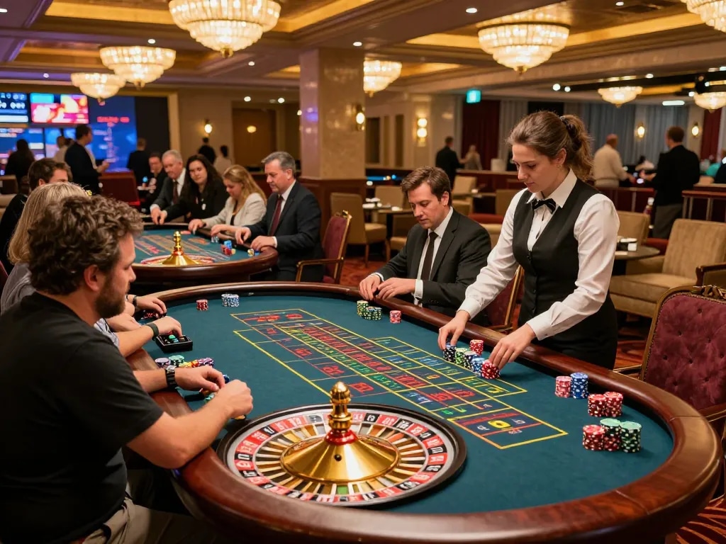 Excited players engaging at a 99win roulette table under ambient casino lighting.