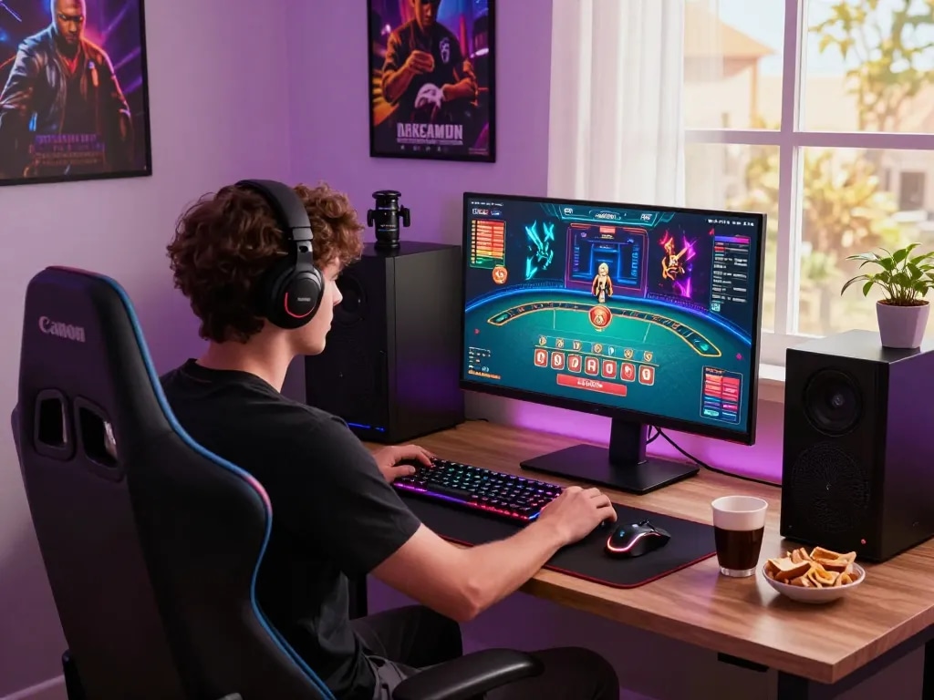 Player engaging with a live바카라사이트 game on a large screen, showcasing an immersive gaming setup.