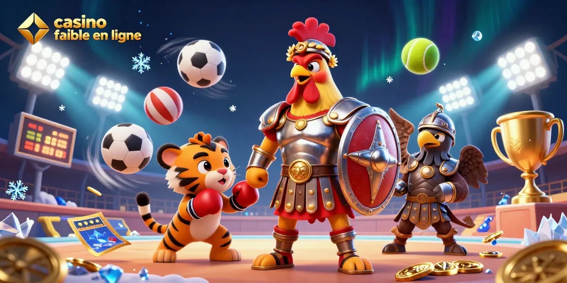 Jouez au casino fiable en ligne avec des jeux immersifs illustrés par un coq gladiateur.