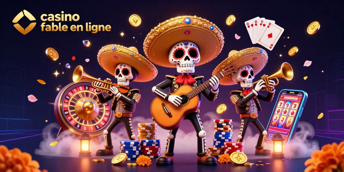 Jouez à un casino fiable en ligne avec une illustration d'un groupe de mariachis squelettes dans un décor vibrant.