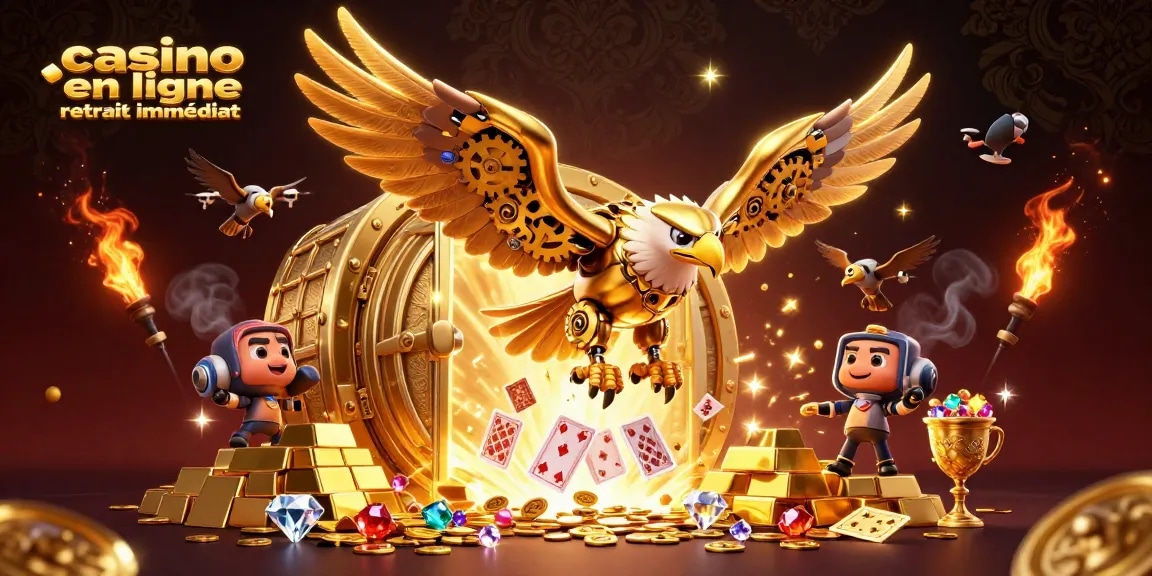 Jouer au casino en ligne retrait immédiat avec un aigle cybernétique et des cartes holographiques.