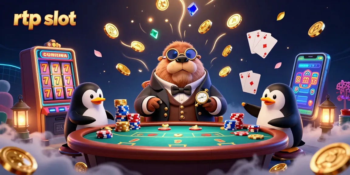 Engage with rtp slot excitement in a vibrant 3D illustration of a walrus at an underwater casino table.