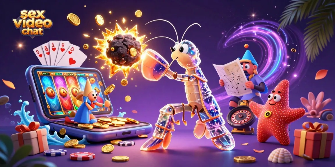 Engage in sex video chat with stunning visuals of a 3D mantis shrimp character and slot game elements.