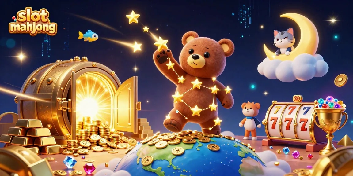 Experience slot mahjong excitement with gold treasures, constellations, and vibrant casino elements in this dynamic scene.