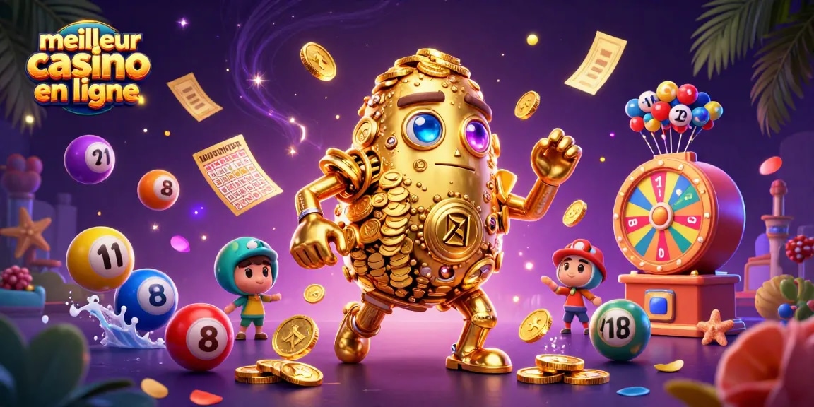 Illustration 3D colorée représentant le meilleur casino en ligne avec un golem doré entouré de jeux de loterie et d'effets éblouissants.