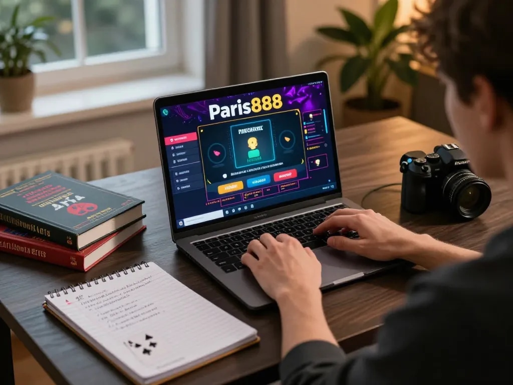 Momen permainan online yang menarik menampilkan antarmuka paris888, pengaturan rumah yang nyaman, mempromosikan permainan strategis.