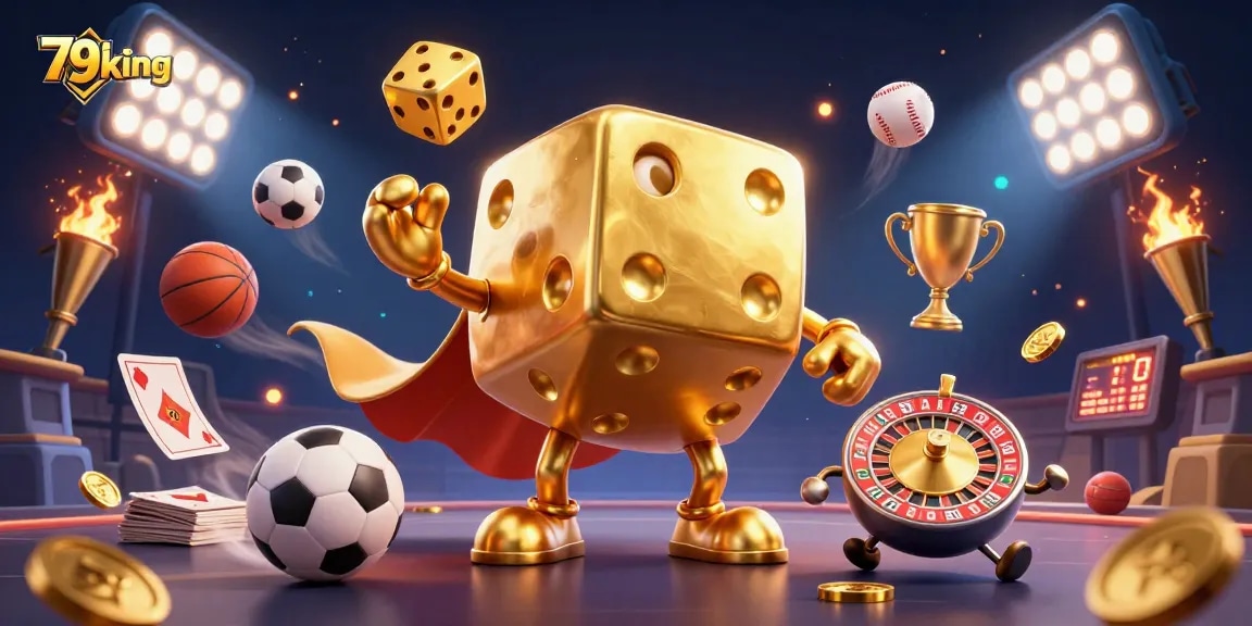 79king's golden dice golem juggles while sports elements create an energetic casino scene.