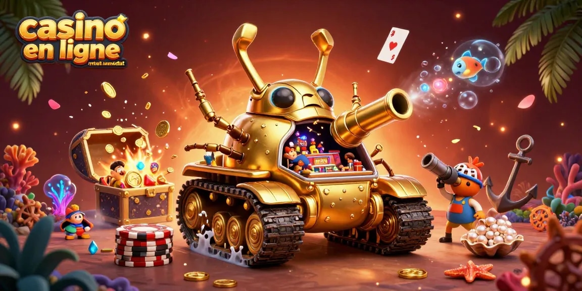 Jouez au casino en ligne retrait immédiat avec ce visuel captivant d'un tank-casino doré débordant de trésors.