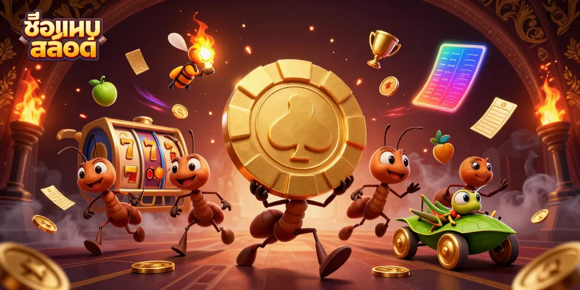 Experience the excitement of ชื่อเกมสล็อต with a vibrant 3D scene featuring playful ants on a heist.