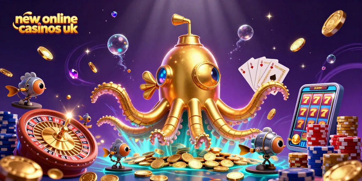 Experience new online casinos UK with an extravagant 3D golden kraken amidst coins and games.