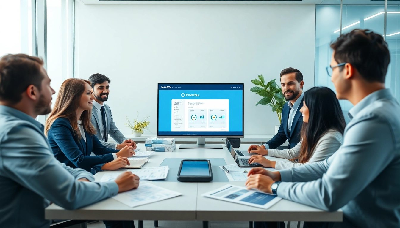 Corporate Tax Return Filing in UAE with diverse professionals discussing financial documents in modern office.