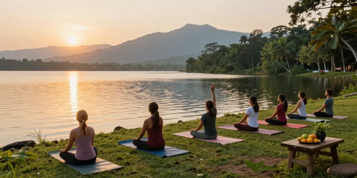 Lanka Yoga practitioners engaging in a serene sunrise yoga session by Koggala Lake amidst lush greenery, embodying tranquility and community.