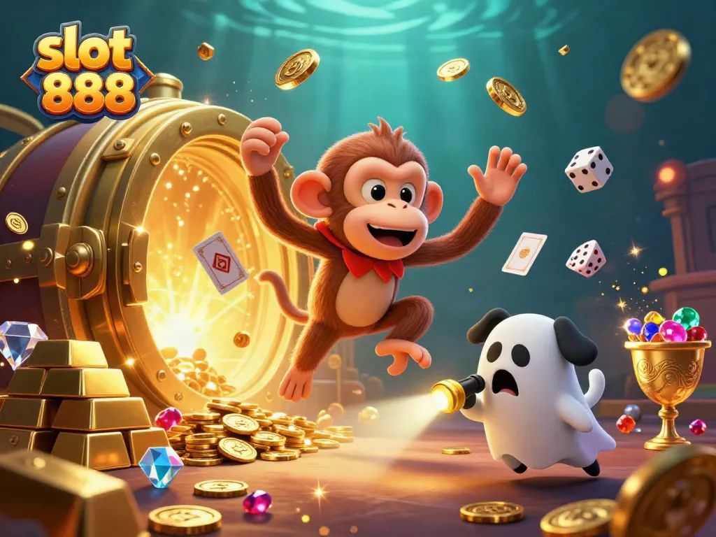 Engage with slot 888's exciting gameplay featuring a playful monkey juggling treasures in a haunted casino.