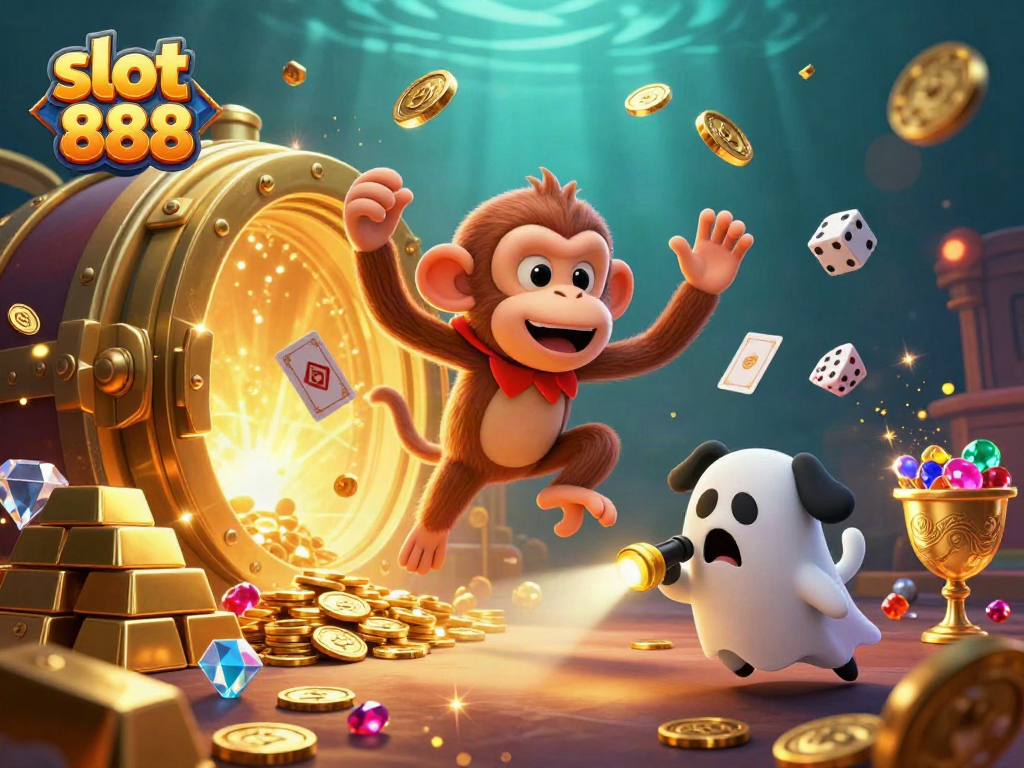 Engage with slot 888's exciting gameplay featuring a playful monkey juggling treasures in a haunted casino.