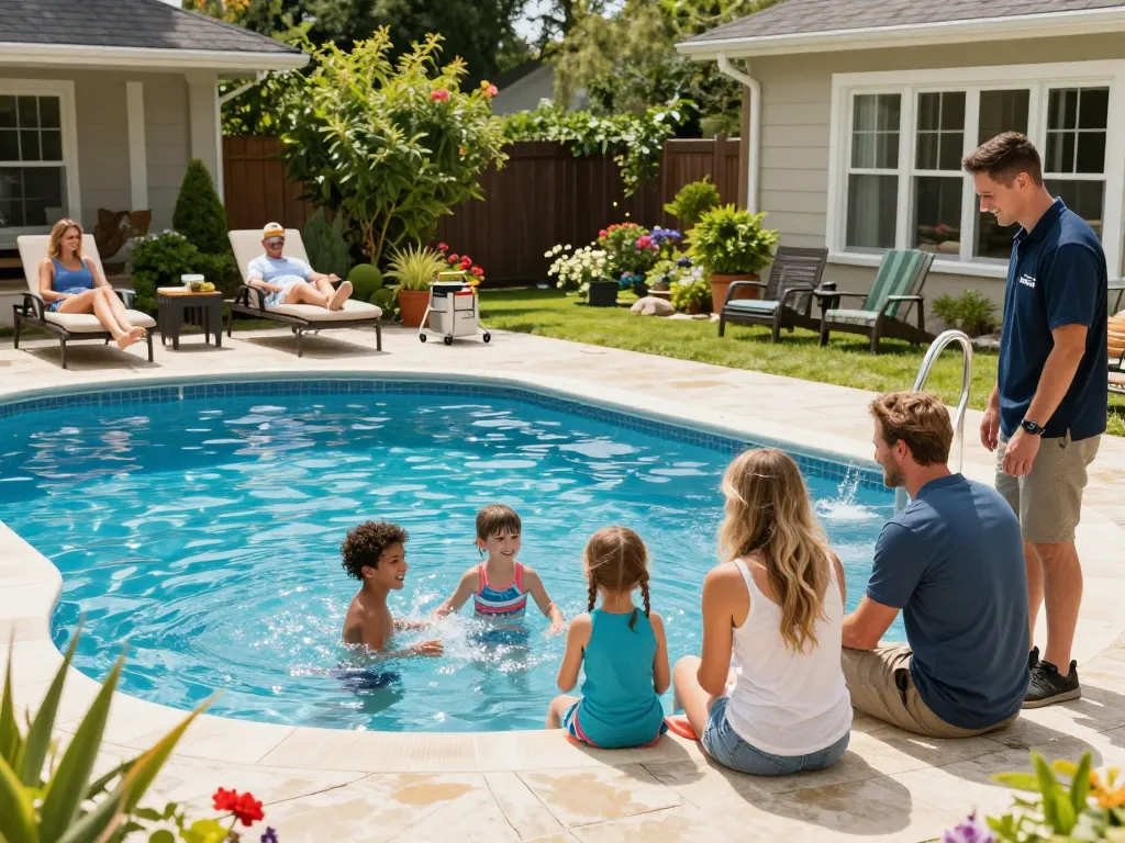 Dolphin Pool Services expert maintaining a sparkling family pool during summer with joyful children playing in the background.