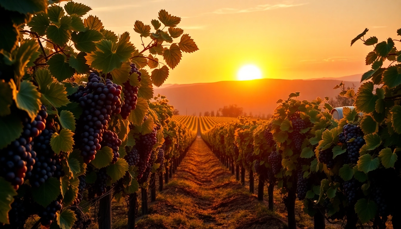 Tempranillo grapes in a vineyard at sunset, highlighting their rich color and lush environment.