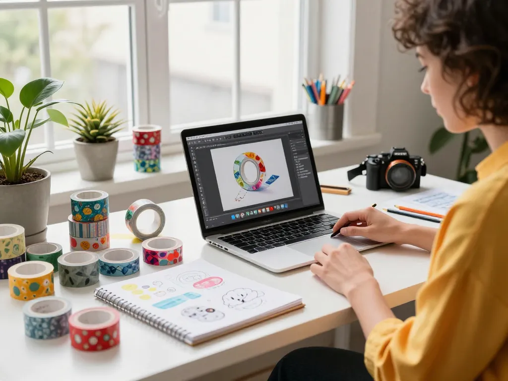 Custom washi tape designs displayed in a vibrant artistic workspace.