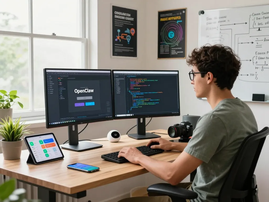 Developer setting up OpenClaw personal AI assistant in a vibrant home office with dual monitors.