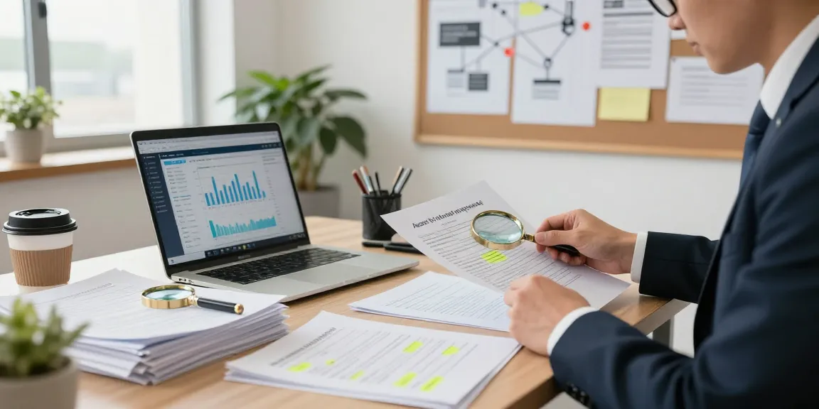 Asset tracing analysis in a professional investigation office with financial documents and analytics.