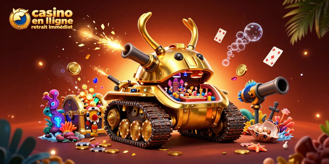 Jouez au casino en ligne retrait immédiat avec un tank doré et un casino miniature rempli de pièces d'or.