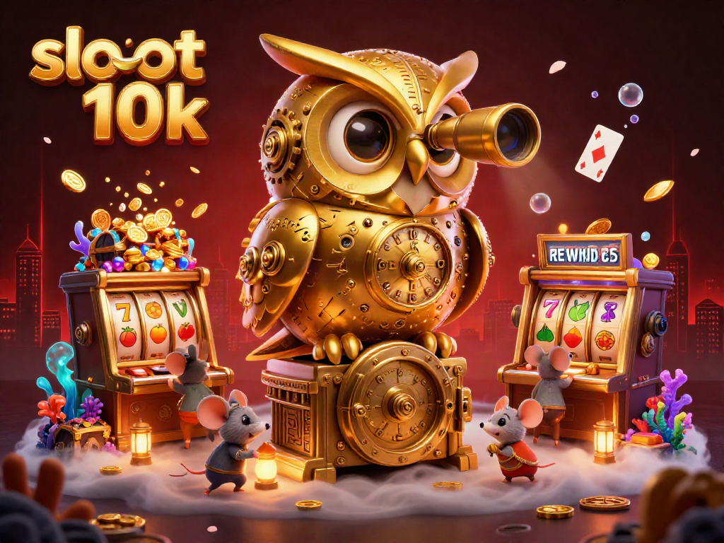 Engage with slot 10k gameplay featuring a clockwork owl overseeing slot machines amidst vibrant casino elements.
