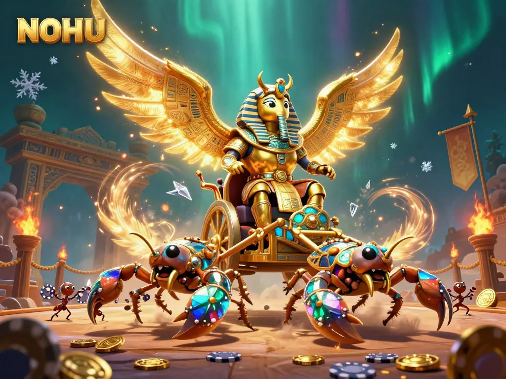 Engage with NOHU's thrilling gaming experience featuring a colossal scarab beetle and scorpions in an exciting casino setting.