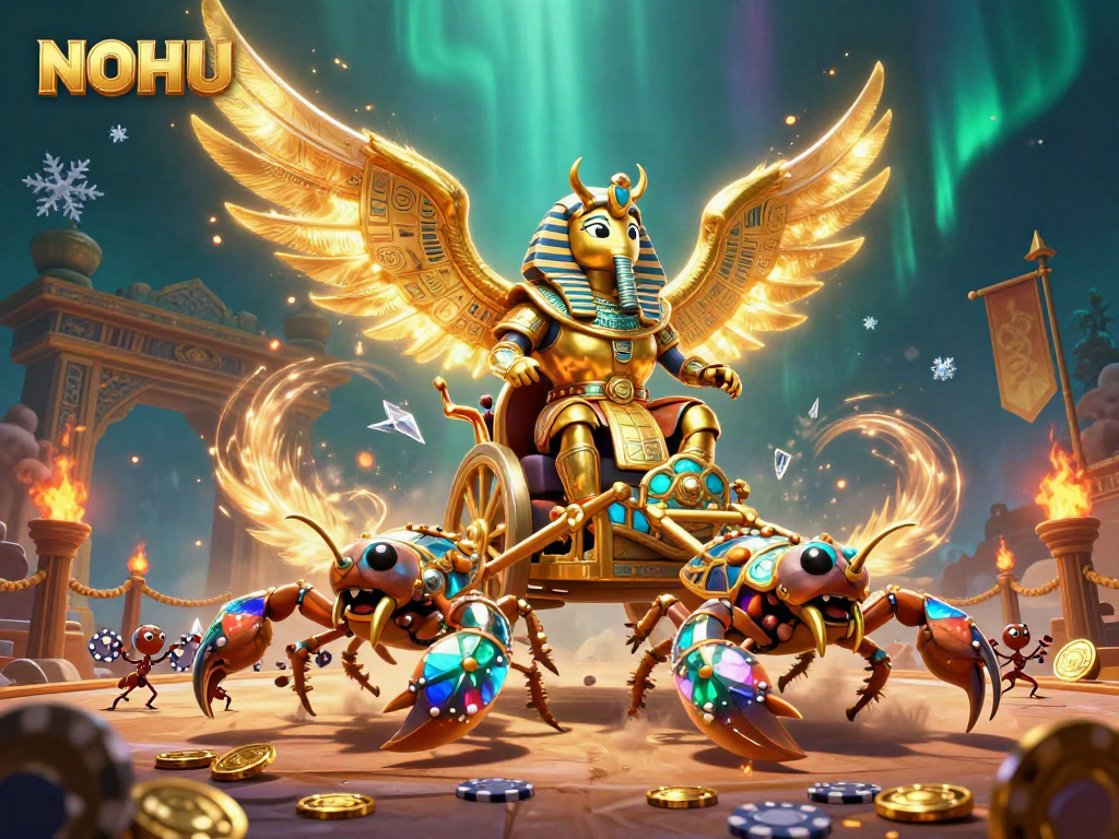 Engage with NOHU's thrilling gaming experience featuring a colossal scarab beetle and scorpions in an exciting casino setting.