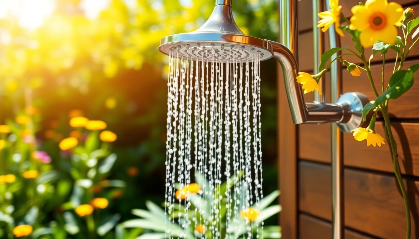 Experience the serene allure of a sunny shower USA showcasing a sleek outdoor installation amidst vibrant nature.