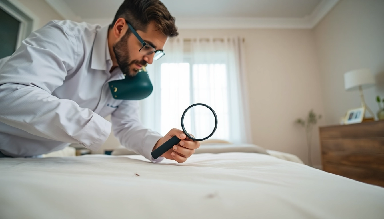 Inspecting bed bug extermination services with a professional in a bedroom setting.