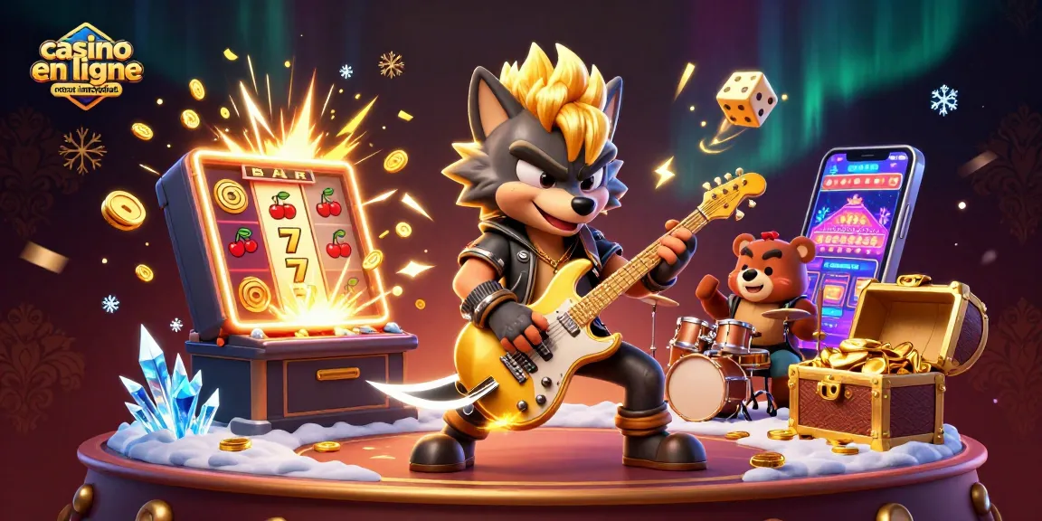 Vivez l'excitation du casino en ligne retrait immédiat avec une illustration dynamique de jeux et de personnages animés.