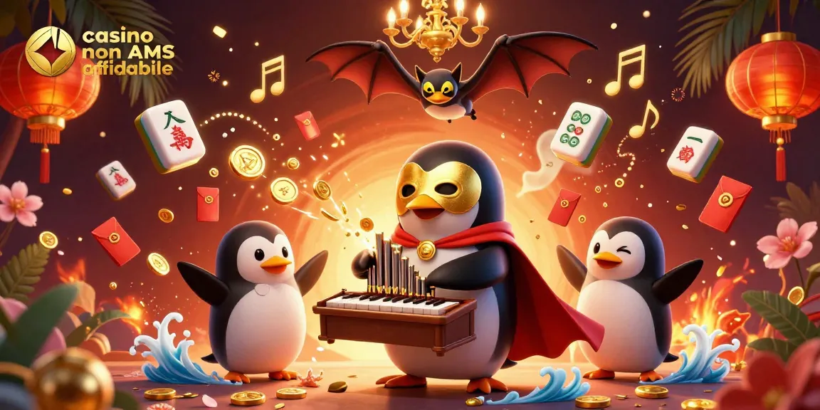 Immagine di un casino non AAMS affidabile con un pinguino che suona un organo che spara monete d'oro.