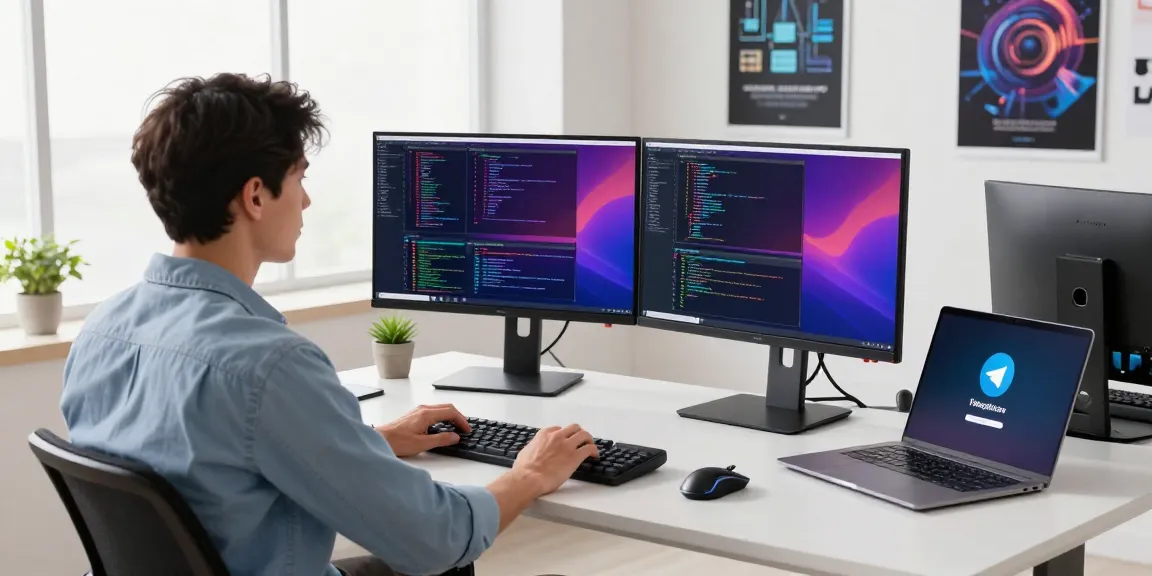 Developer coding on dual monitors while utilizing 纸飞机中文版 interface in a sleek tech workspace.