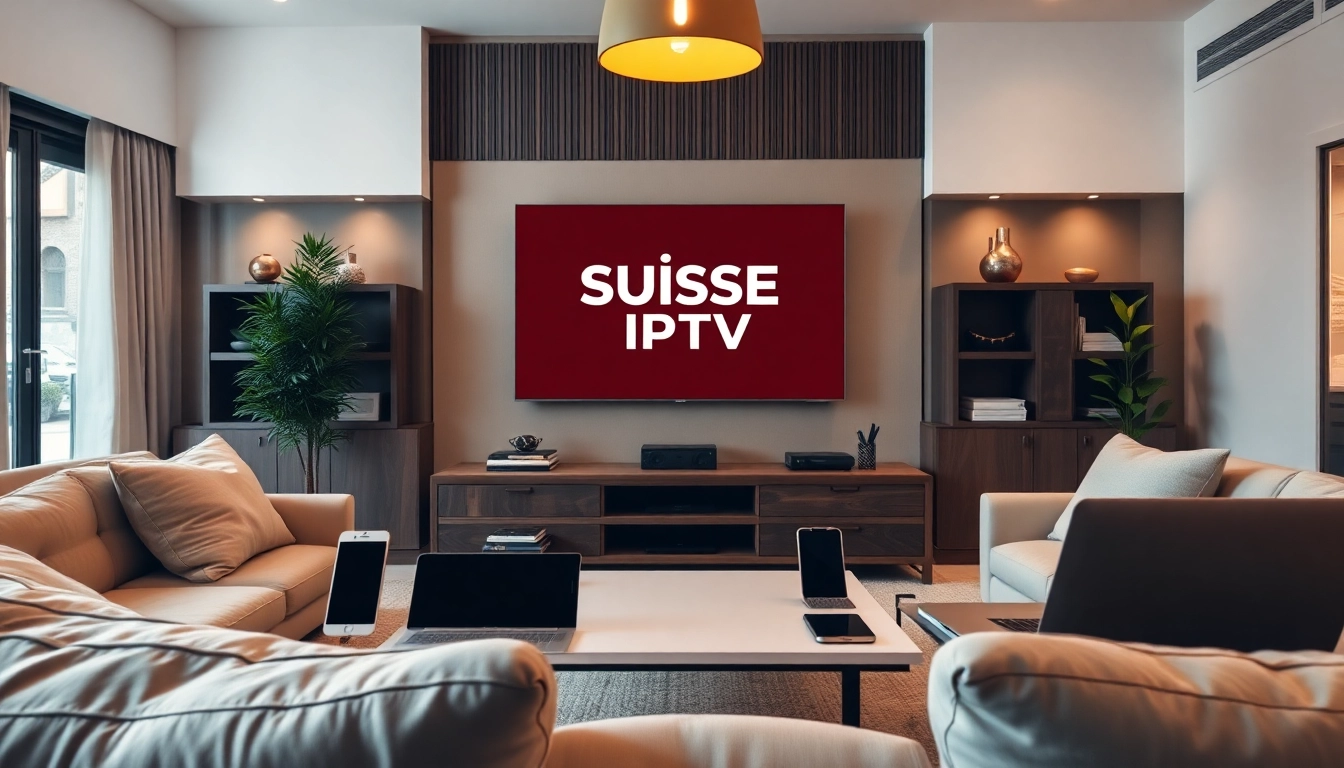 Suisse IPTV digital streaming setup showcases a modern living room for immersive entertainment.
