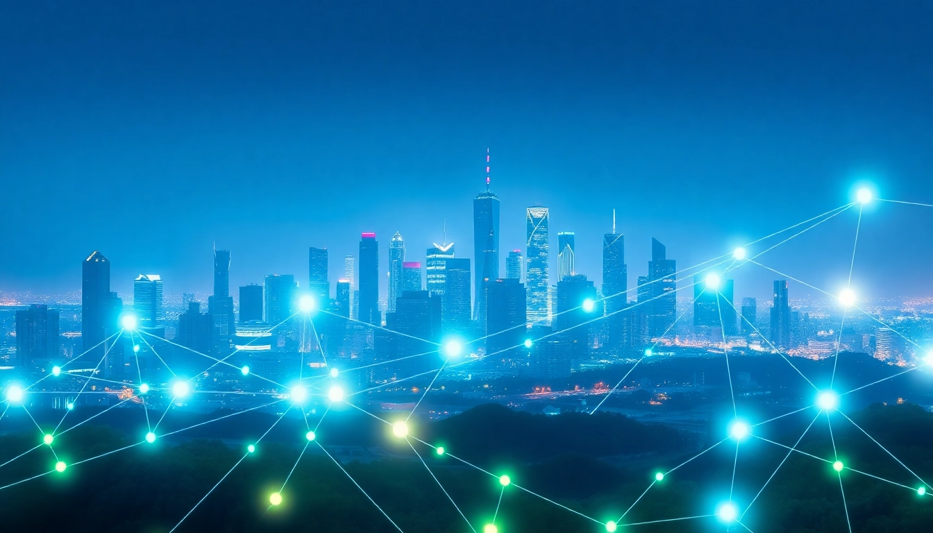 EORMC AI blockchain development visualization with interconnected nodes and vibrant technology backdrop.