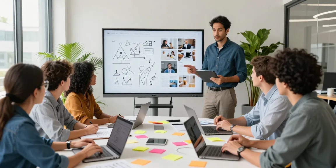 Creative professionals collaborating on a mixboard in a bright office space.